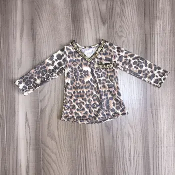 Mamma un meita drēbes meitenei V-veida kakla zelta vizuļi leopard T-krekli, sieviešu leopard krekls māmiņa man rudenī augšu