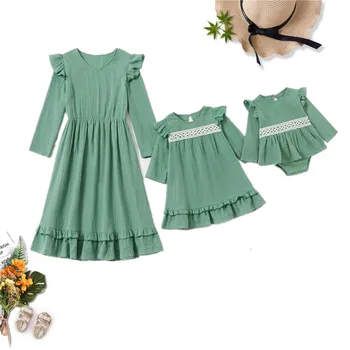 Mamma un meita kleita 2020. gadam Gudrs Zaļā Mežģīnes Deco Kokvilnas, ar garām piedurknēm Kleita, Par Mātes un meitu Ģimenes atbilstošas drēbes