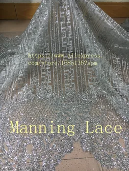 Manning-88049 Puses drukāt pielīmē mirdzēt acs tilla āfrikas mežģīņu audums kāzu kleitu, sudraba un zelta krāsa