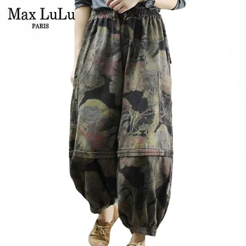 Max LuLu Jaunu Korejiešu Modes Dizaineris Sieviešu Vintage Džinsa Bikses Dāmas Zaudēt Elastīgs Silts Džinsi Gadījuma Kažokādas Iespiesti Harēma Bikses