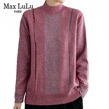 Max LuLu Ziemas Luxrury Modes Džemperi Sievietēm Gadījuma Zaudēt Augstu Uzrullētu Apkakli Džemperis Dāmas Vintage Adīti Džemperi Lielgabarīta Apģērbu