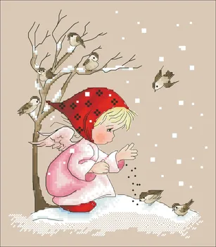 Maza meitene, barot putnus cross stitch komplekts karikatūra meitene ziemas dizaina 14ct linu linu audekla izšuvums DIY rokdarbi