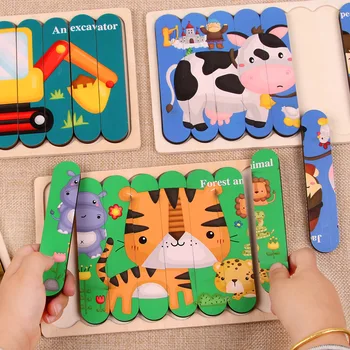 Mazulis Smadzeņu Koka Rotaļlietas Double-sided 3D Lentes Dzīvnieku Puzzle Stāstīt Stāstus Kraušanas Jigsaw Montessori Izglītības Rotaļlieta Bērniem