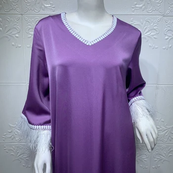 MD Abayas Sievietēm Musulmaņu Modes Dubaija Turcija Maxi Kleita Spalvu Pušķis Violeta Vakara Tērpi Ir 2021. Jaunu Caftan Marokens Djellaba
