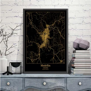 Medellin Kolumbija Black&Gold Pilsētas Gaismas Custom Maps Pasaules Pilsētas Karte, Plakātus, Kanvas Izdrukas, Ziemeļvalstīm Sienas Mākslas Mājas Dekoru