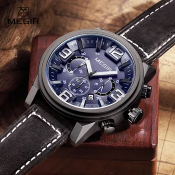 MEGIR jaunu modes gadījuma kvarca pulksteņu vīriešiem liela skala ūdensizturīgs chronograph releather rokas pulksteni relojes bezmaksas piegāde 3010