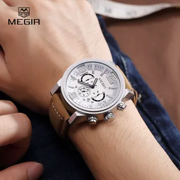 MEGIR jaunu modes gadījuma kvarca pulksteņu vīriešiem liela skala ūdensizturīgs chronograph releather rokas pulksteni relojes bezmaksas piegāde 3010