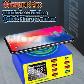 MEHĀNIĶIS iCharge 8 Pro 8USB smart maksas QC 3.0 Bezvadu maksas Bezvadu uzlāde, izmantojot LCD displeju, Mobilo tālruņu uzlāde