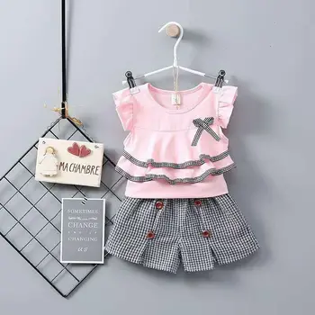 Meitene Drēbes, Uzstādīt Vasaras Savirmot Piedurknēm O-veida Kakla Bowknot daudzpakāpju Pleds Baby Girl Apģērbu Zīdaiņiem Uzvalks Toddler Meitene Apģērbs, Komplekts