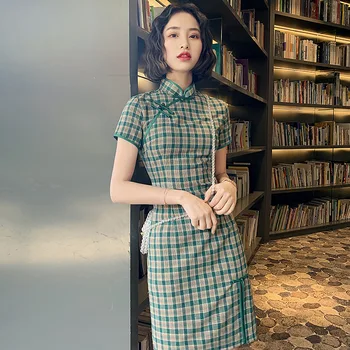 Meitene Kokvilnas Cheongsam Kleita Jauno Vasaras Vintage Ķīniešu Tērpu Plus Lieluma Sieviešu Pleds Slim Kleitas