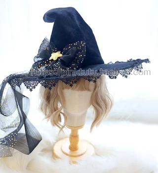 Meitene Vintage Japāņu melnas Gothic Lolita Halloween Raganu Cepure, Cepures Aksesuārus Cosplay Partijas Melnā zvaigznes Mežģīnes Bowknot Top cepure