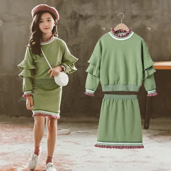 Meitenes Apģērbu Komplekts 2019 Jaunu Bērnu Apģērbu O-veida kakla garām Piedurknēm Salds Top + Mežģīņu Svārki Kokvilnas Divu gabals, kas Bērnu Drēbes