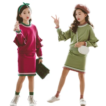 Meitenes Apģērbu Komplekts 2019 Jaunu Bērnu Apģērbu O-veida kakla garām Piedurknēm Salds Top + Mežģīņu Svārki Kokvilnas Divu gabals, kas Bērnu Drēbes