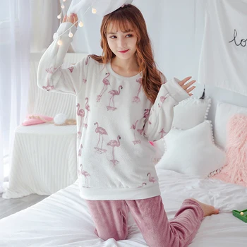 Meitenes Cute Karikatūra Izdrukāt Flaneļa Pidžamas Komplekti Sieviešu Ziemas garām Piedurknēm Biezu Siltu Koraļļu Samta Pyjama Sleepwear Pijama Mujer