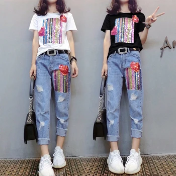 Meitenes, Dāmas, Divi Gabali Uzstādīt Jaunā Pavasara Vasaras Frēzēšana Sequined Karikatūra T-krekls + Caurums Džinsa Elsas Uzvalks Sieviešu Vintage Jeans Uzvalks