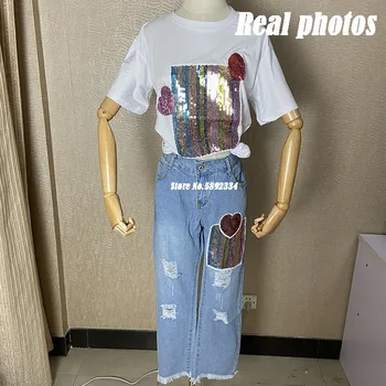 Meitenes, Dāmas, Divi Gabali Uzstādīt Jaunā Pavasara Vasaras Frēzēšana Sequined Karikatūra T-krekls + Caurums Džinsa Elsas Uzvalks Sieviešu Vintage Jeans Uzvalks
