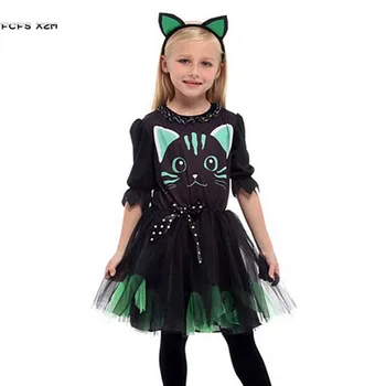 Meitenes Halloween Kitty Kostīmu Bērns, Bērni, Kaķis, Catwomen dzīvnieku Cosplay Karnevāls Purima Maskēties Skatuves spēlēt puse kleita