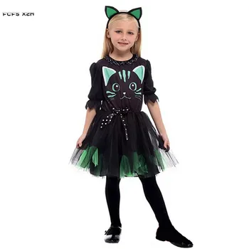 Meitenes Halloween Kitty Kostīmu Bērns, Bērni, Kaķis, Catwomen dzīvnieku Cosplay Karnevāls Purima Maskēties Skatuves spēlēt puse kleita