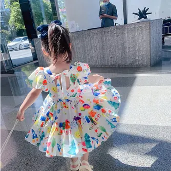 Meitenes kleita 2020. gada vasarā jaunu Kokvilnas Gudrs Ziedi, Īsā Puff Piedurknēm Apkalpes Kakla pusgarās Princese Kleita