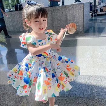 Meitenes kleita 2020. gada vasarā jaunu Kokvilnas Gudrs Ziedi, Īsā Puff Piedurknēm Apkalpes Kakla pusgarās Princese Kleita