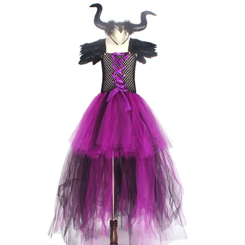 Meitenes Tutu Kleita Maleficent Ļauna Karaliene kleita un Ragi Halloween Cosplay Raganu Kostīmu, lai Bērniem, Bērniem ziemassvētku Puse Kleita