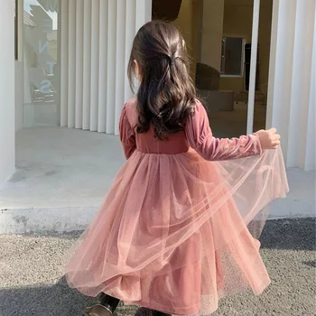 Meitenes Vienkrāsainu Ilgi Puff Piedurknēm Princess Palace Plīša Sabiezējumu Kleitas 