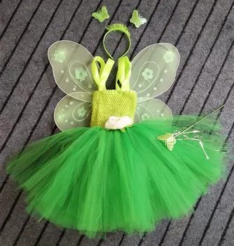 Meitenes Zaļo Pasaku Ziedu Tutu Kleitu Bērni Pūkains 2Layer Tilla Tutus ar Tauriņa Spārnu Galvu Komplekts Bērniem Cosplay Puse Kleita