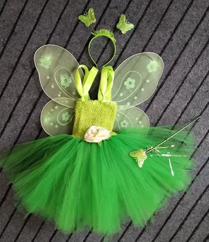 Meitenes Zaļo Pasaku Ziedu Tutu Kleitu Bērni Pūkains 2Layer Tilla Tutus ar Tauriņa Spārnu Galvu Komplekts Bērniem Cosplay Puse Kleita
