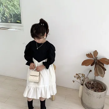 Meiteņu Kleita Kokvilnas 2020. Gada Rudenī Jauns Bērnu korejas Melnā un Baltā Meitene ir Princese Kleitas bērnu kleitas meitenēm