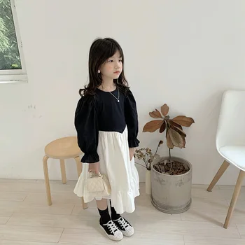 Meiteņu Kleita Kokvilnas 2020. Gada Rudenī Jauns Bērnu korejas Melnā un Baltā Meitene ir Princese Kleitas bērnu kleitas meitenēm