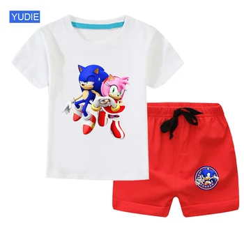 Meiteņu Kokvilnas Apģērbs Piestāv Vasaras T-Krekls+Īsās Bikses 2020. Gadam Tollder Bērnu Komplekts Zēniem Ikdienas Bērnu Apģērbu Sonic Amy T Krekls Atdzist No Augšas