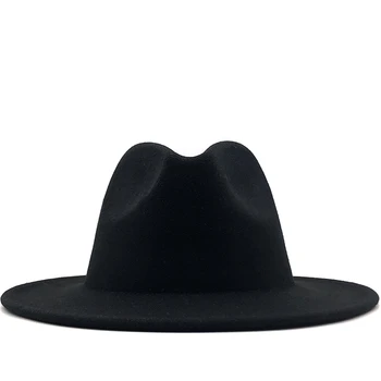 Melna balta Daudzām Sievietēm Unisex Panama Vilnas Filcs, Fedora Dāmas Cepures Platām Malām Puse Trilby Kovboju Cepuru Modes Džeza Klp
