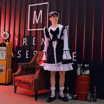 Melna Balta Gothic Lolita Meitene Tērpus Cosplay Kostīms Meitenēm Sieviete Viesmīle, Istabene Puse Skatuves Tērpiem Pluz izmēra