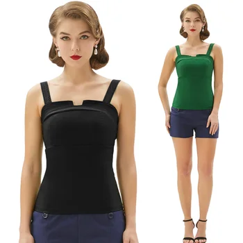 Melna/Zaļa Sexy fit Sieviešu topi vasaras apģērbu dāmas Retro Vintage tīrtoņa Krāsu Slim stiept Strappy tvertne crop topi camiseta