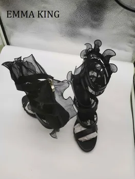 Melna Zīda Ruffles Sieviešu Gladiatoru Sandales Cut-Out Plānas Augstiem Papēžiem Dāmas augstpapēžu kurpes Apavi Dizaina Pusei Atvērtā toed Sandales, Izmērs 43
