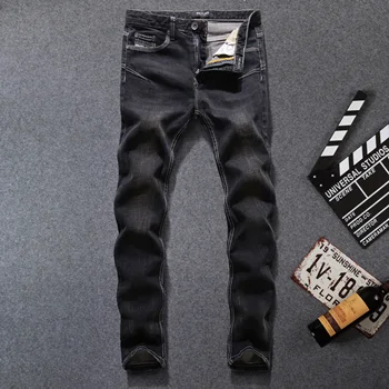 Melnas Krāsas Džinsa Svītru Jeans Vīriešu Bikses Pavisam Izdilis Džinsi Elastīgās Bikses Modes Iela Dizainers Vīriešu Džinsi Plus Izmēru