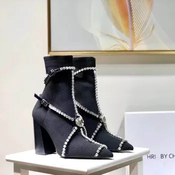 Melni Zābaki Sieviešu Sieviešu Kurpes Stiept Auduma Potītes Zābaki Sievietēm Ir 2021. Bling Zircon Dāmas Luksusa kurpes Modes Zābaciņi Sieviete