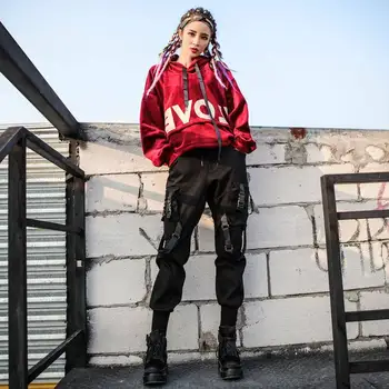 Melnā Augstu Vidukli, Kravas Bikses Sievietēm Gadījuma Punk Bikses Gothic Streetwear Zīmuli Harajuku Atdzist Bikses Modes Hip Hop Meiteņu Bikses