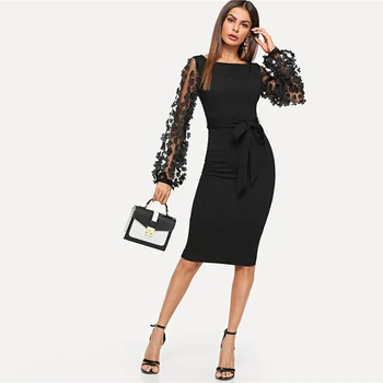 Melnā Puse Elegantas Ziedu Aplikācijas Atšķirībā Acu Piedurknēm Atbilstošas Formas Siksnas Cietā Kleita Sievietēm Streetwear Kleitas