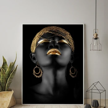 Melnā sieviete Modeli, Izdrukas, Plakāti Zelta Monstera Lūpām Cuadros Decoracion Anotācija Sienas Art Attēlus Dzīvojamā Istaba Moderni Dekori