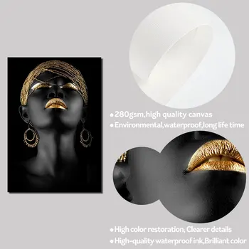 Melnā sieviete Modeli, Izdrukas, Plakāti Zelta Monstera Lūpām Cuadros Decoracion Anotācija Sienas Art Attēlus Dzīvojamā Istaba Moderni Dekori