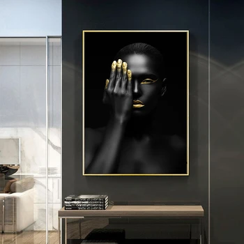 Melnā un Zelta Pliks Āfrikas Sieviete ar Kaklarota Kanvas Glezna Plakāti un Drukas Skandināvijas Sienas Mākslas Aina Dzīvojamā Istaba