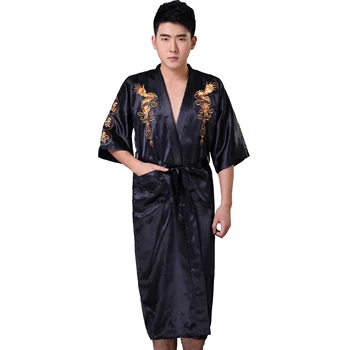 Melnās Ķīniešu Vīriešu Satīna Drēbes Tērpu Izšūšana Kimono Yukata Peldmētelis Naktsveļu Pūķis Sleepwear Plus Izmērs S M L XL XXL XXXL