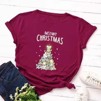 Meowy Ziemassvētku T Krekls Sievietēm Kawaii Catmas Koku Izdrukāt Grafikas Tees 5XL Plus Lieluma Īsām Piedurknēm Vasaras Harajuku Tshirts Drēbes