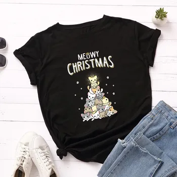 Meowy Ziemassvētku T Krekls Sievietēm Kawaii Catmas Koku Izdrukāt Grafikas Tees 5XL Plus Lieluma Īsām Piedurknēm Vasaras Harajuku Tshirts Drēbes