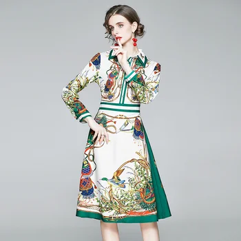 Merchall 2020. Gadam, Modes Dizainere Ķēdes Drukāt Skrejceļa Kleita Sieviešu Rudens Krekls Vestidos Garām Piedurknēm Vintage Brīvdienu Midi Kleita