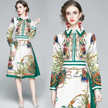 Merchall 2020. Gadam, Modes Dizainere Ķēdes Drukāt Skrejceļa Kleita Sieviešu Rudens Krekls Vestidos Garām Piedurknēm Vintage Brīvdienu Midi Kleita