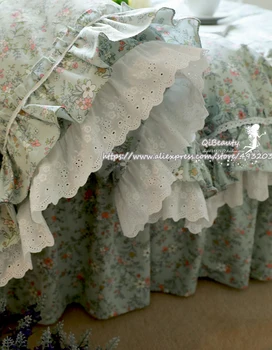 Meža Ziedu-Print Kokvilnas Princese Pastorālo Stila Tīras Kokvilnas Gultasveļas Komplekts Ziedi Drukāt Gultas Komplekts Mežģīņu Savirmot Sega Sedz,