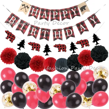 Mežstrādnieks Happy Birthday Party Dekorācijas, Dzimšanas dienu Baneri Meža Tēmu Kokmateriālu Buffalo Pleds Vainags Melns un Sarkans Baloni