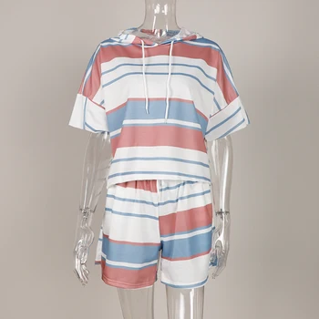 Mežģīnes Up Svītrainām pelēkā vārna Sieviešu Komplekts 2 Gabali, kas Nosaka Vasaras Gadījuma Drukāt Īsām Piedurknēm Dāmas Tērps Ir 2021. Modes Sieviešu Tērpi, Šorti